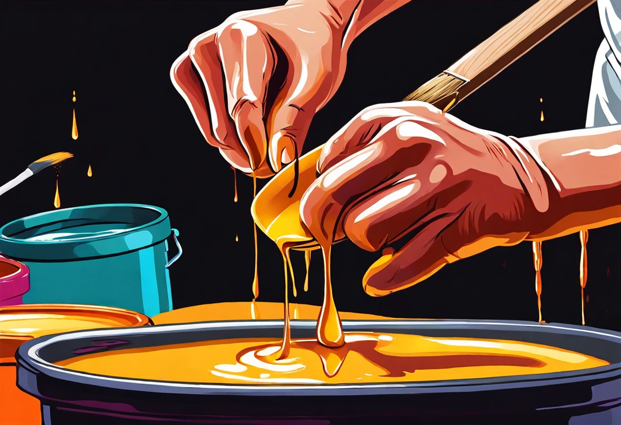 Hands mixing oil-based paint with a brush, highlighting the process of painting over water-based paint.