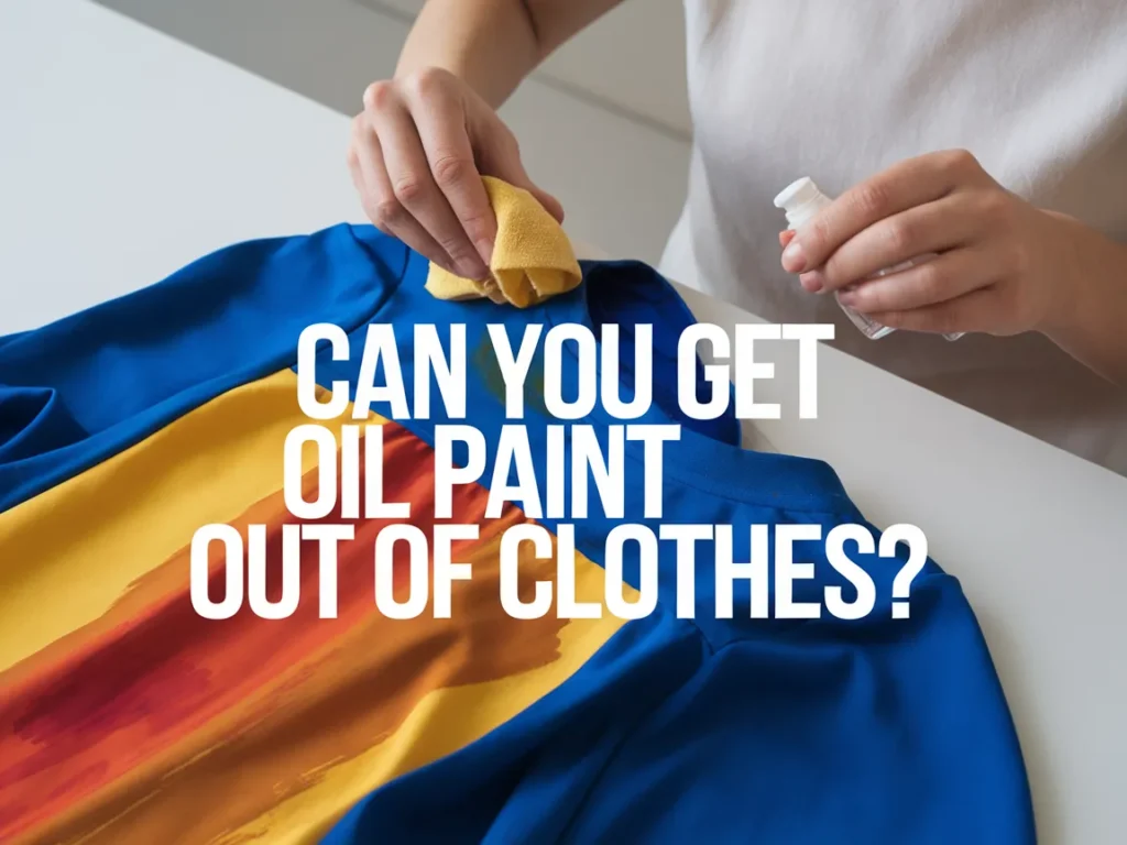 A person using a cloth to remove oil paint from a blue shirt, illustrating oil paint removal techniques.