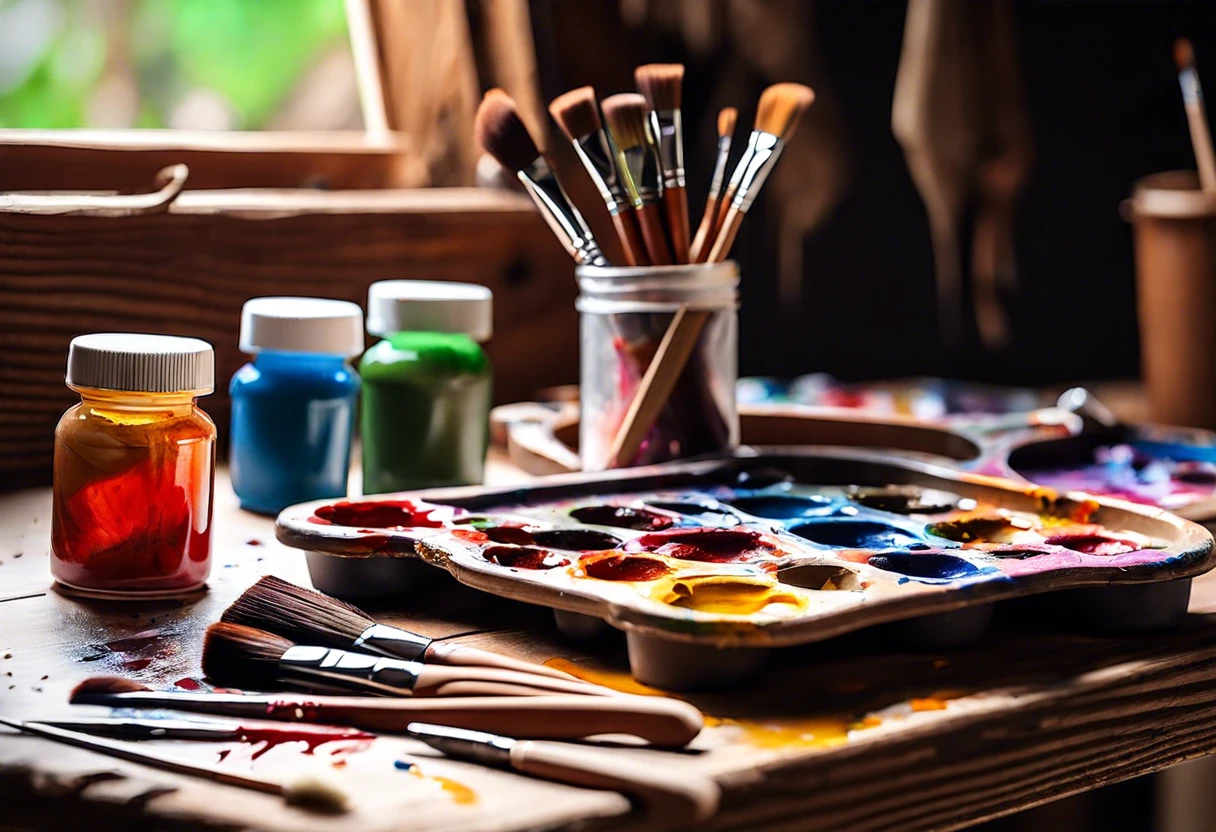 Art supplies including brushes and oil paint, relevant for tips on removing oil paint from clothes.