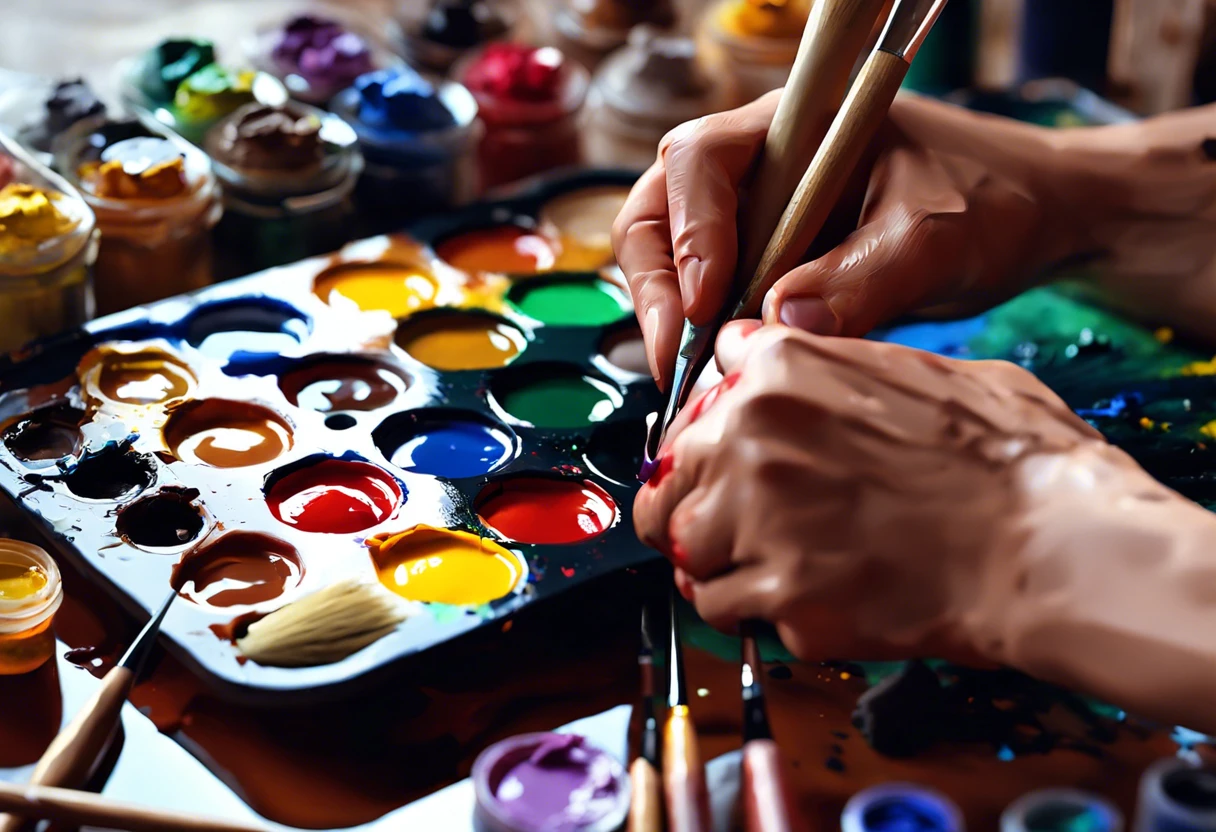 Hands preparing an oil painting palette with various colors and brushes, essential for starting oil painting.