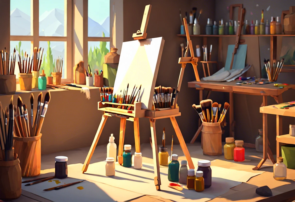 A well-equipped artist's studio with oil painting supplies, including brushes, paints, and canvases.
