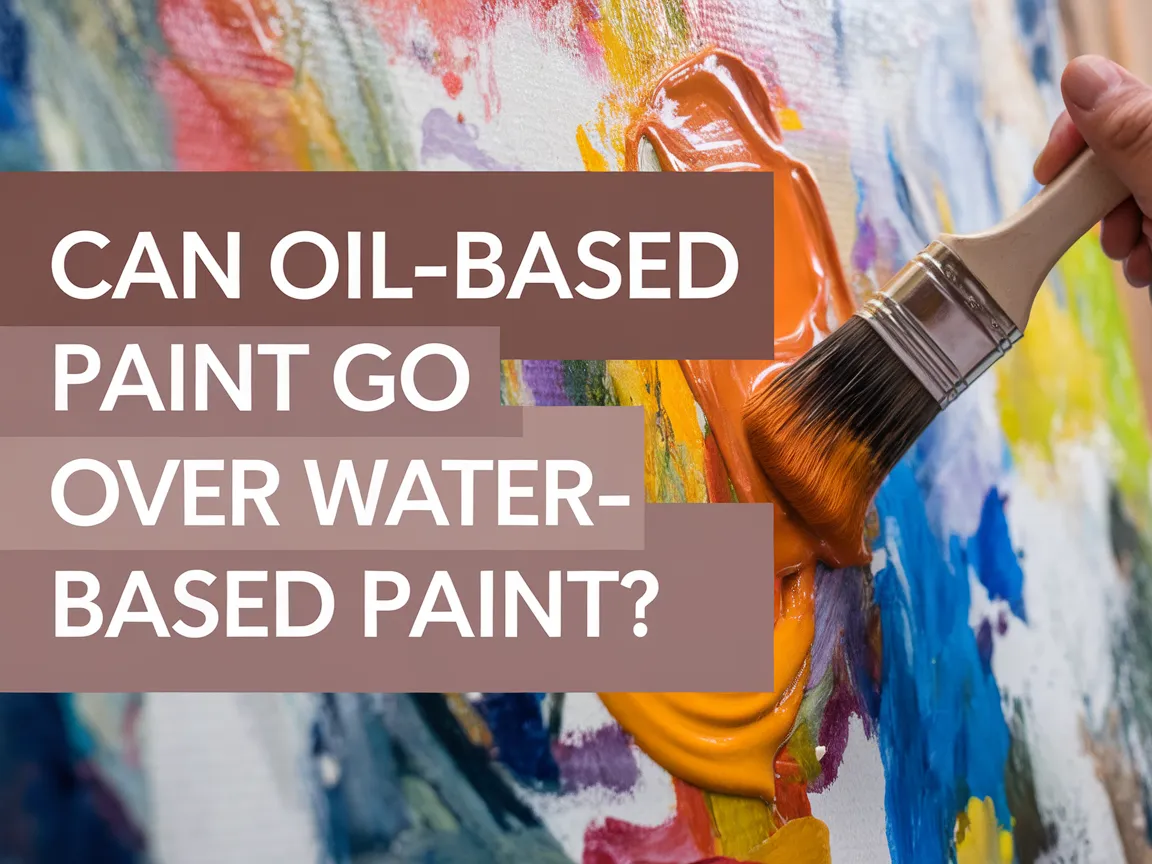 Artist applying oil based paint over water based paint on a colorful canvas