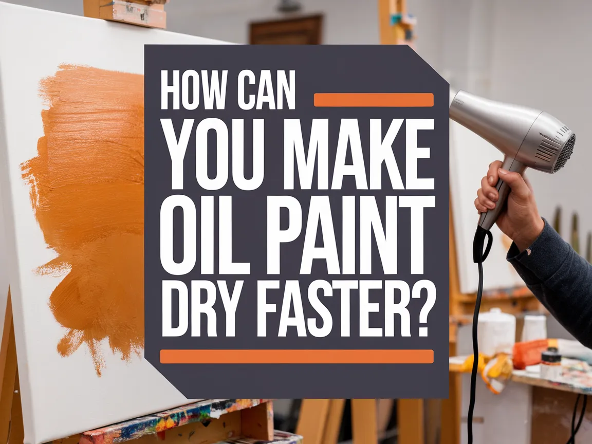 Person using a hairdryer to speed up the drying process of oil paint on a canvas.