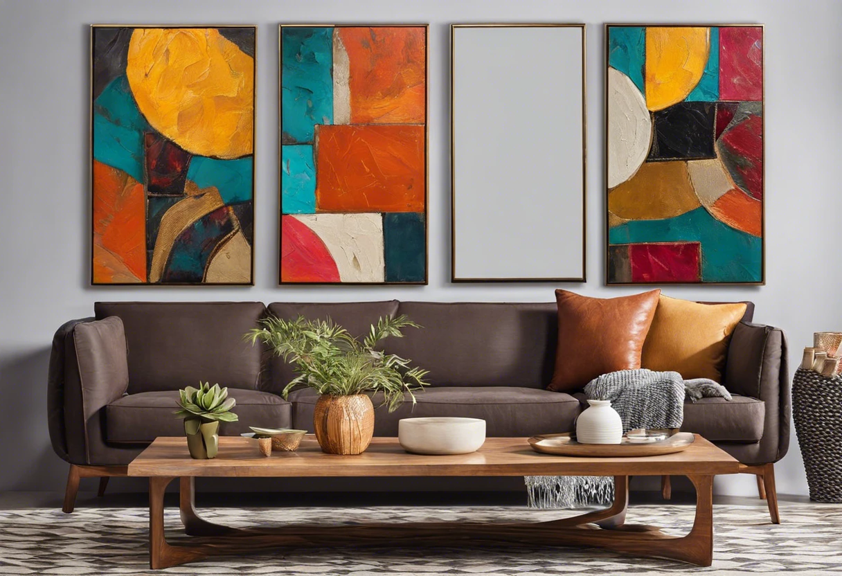 Four abstract canvas paintings hanging above a stylish couch, showcasing ideas for repurposing old canvas artwork.