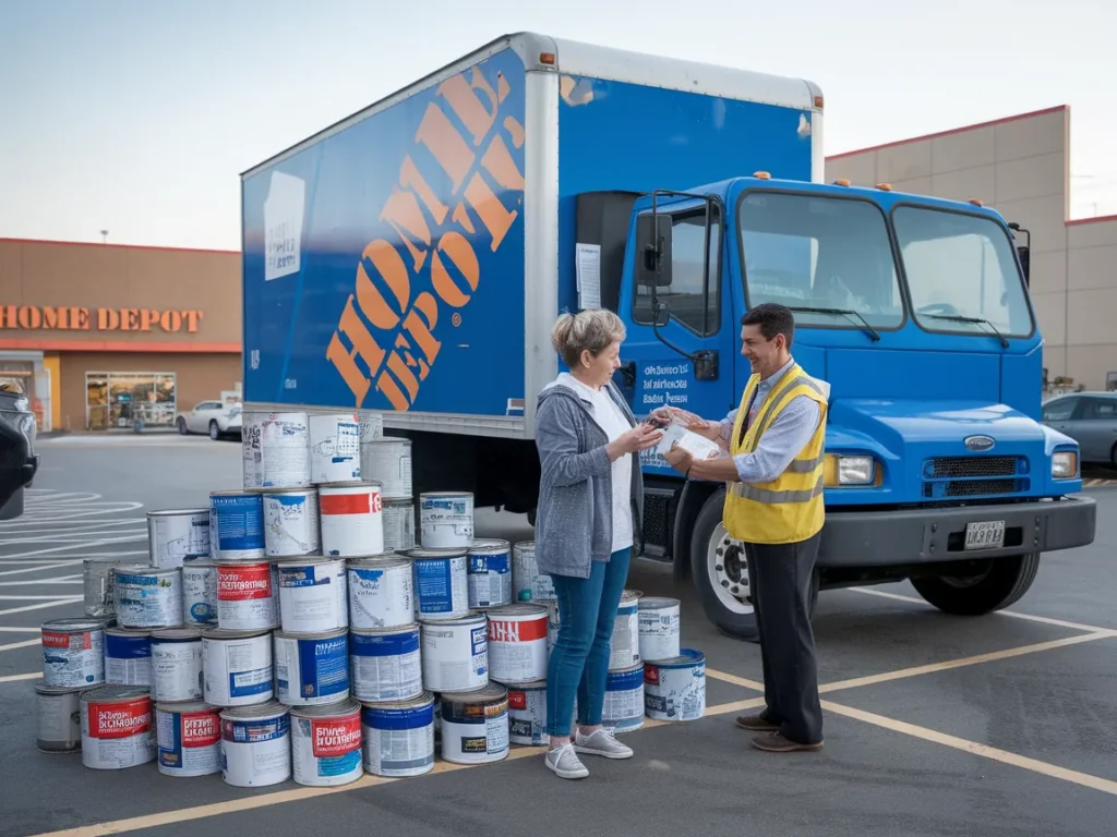 A customer bringing old paint cans to a Home Depot location for recycling.