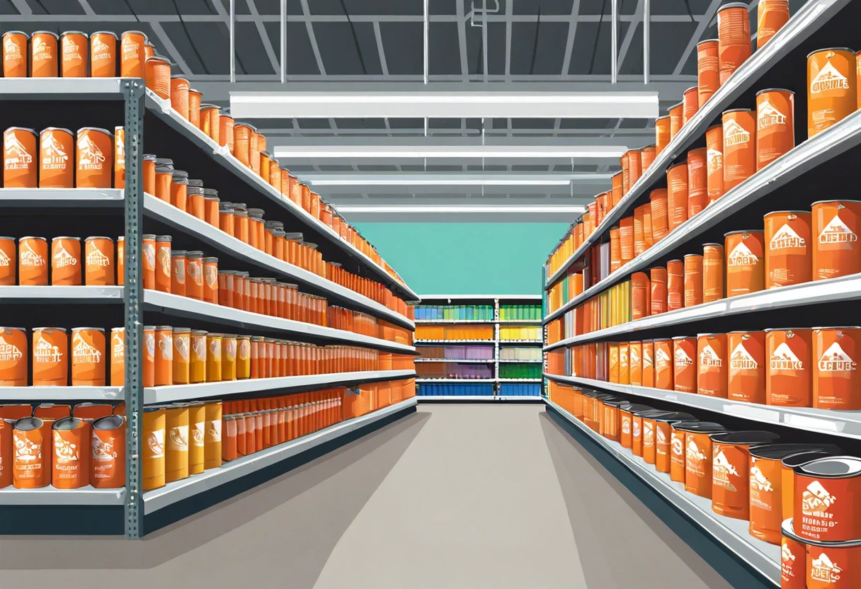 Aisle of paint cans at Home Depot showcasing various colors and types, relevant to bringing old paint cans.