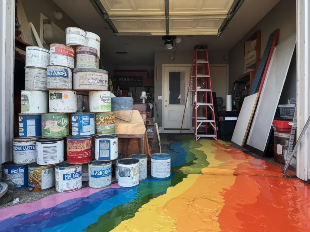 Storage of old paint cans in a garage, illustrating the dilemma of how to dispose of old paint.