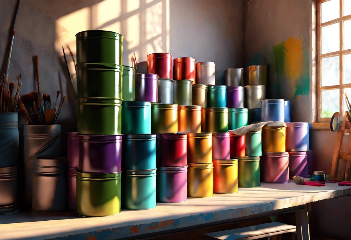 A variety of old paint cans in a workshop, representing the question of how to dispose of them.