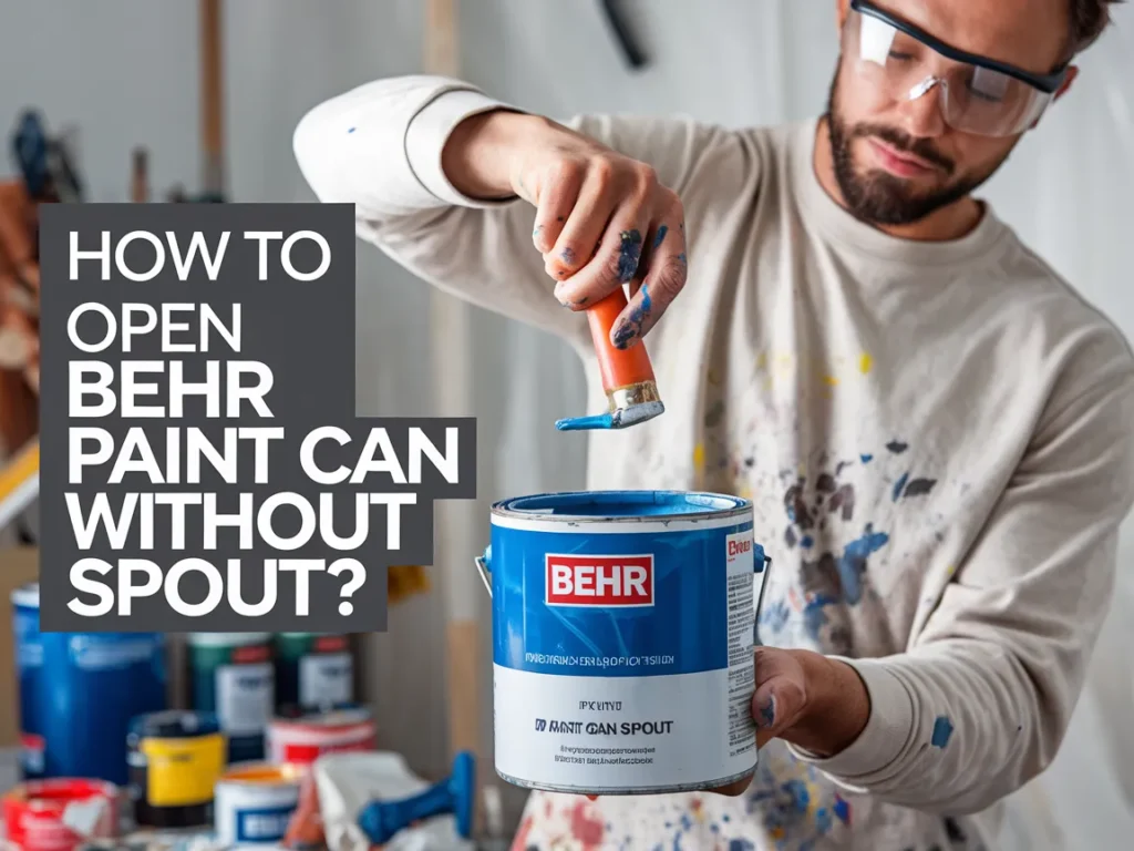 Person using a tool to open a Behr paint can without a spout, demonstrating paint can opening techniques.