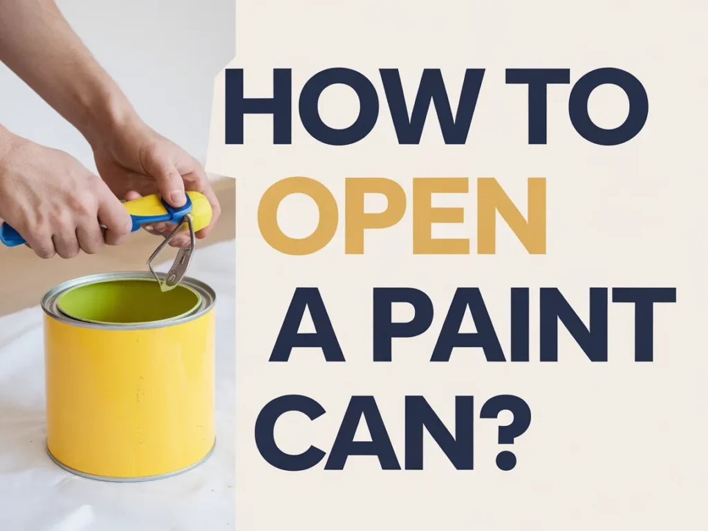 A person using a can opener tool to open a paint can
