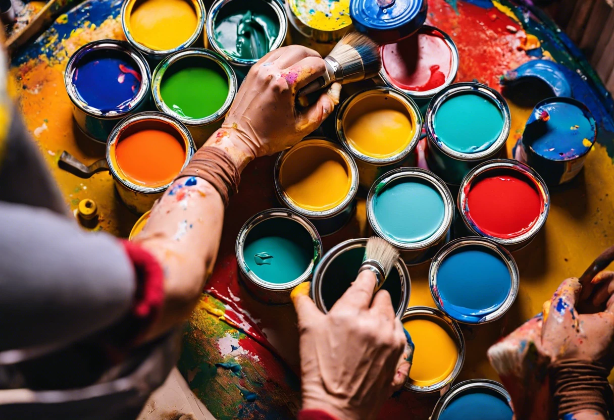 Hands opening a paint can without using any tools, showcasing colorful paint cans.