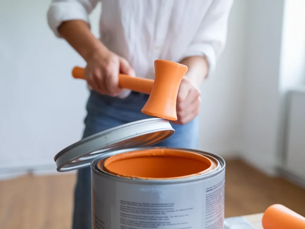 Person using a rubber mallet to open a stuck paint can
