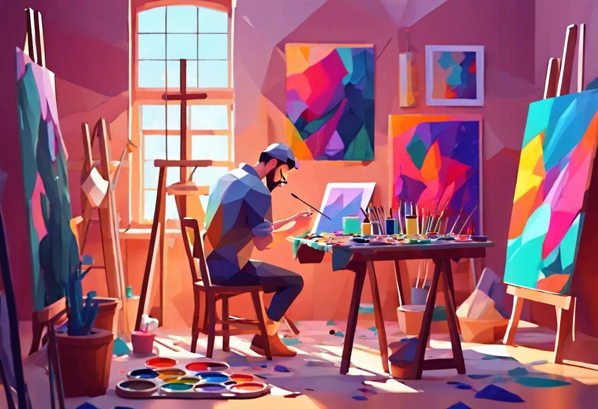 Artist creating colorful artwork in a bright studio, representing the joy of choosing paint online.