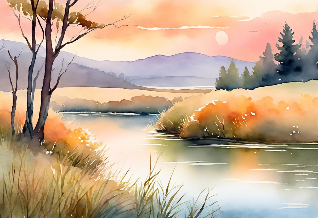 Beautiful watercolor painting by Otto Jacobyou depicting a serene landscape with a river and colorful foliage, relevant to auction values.