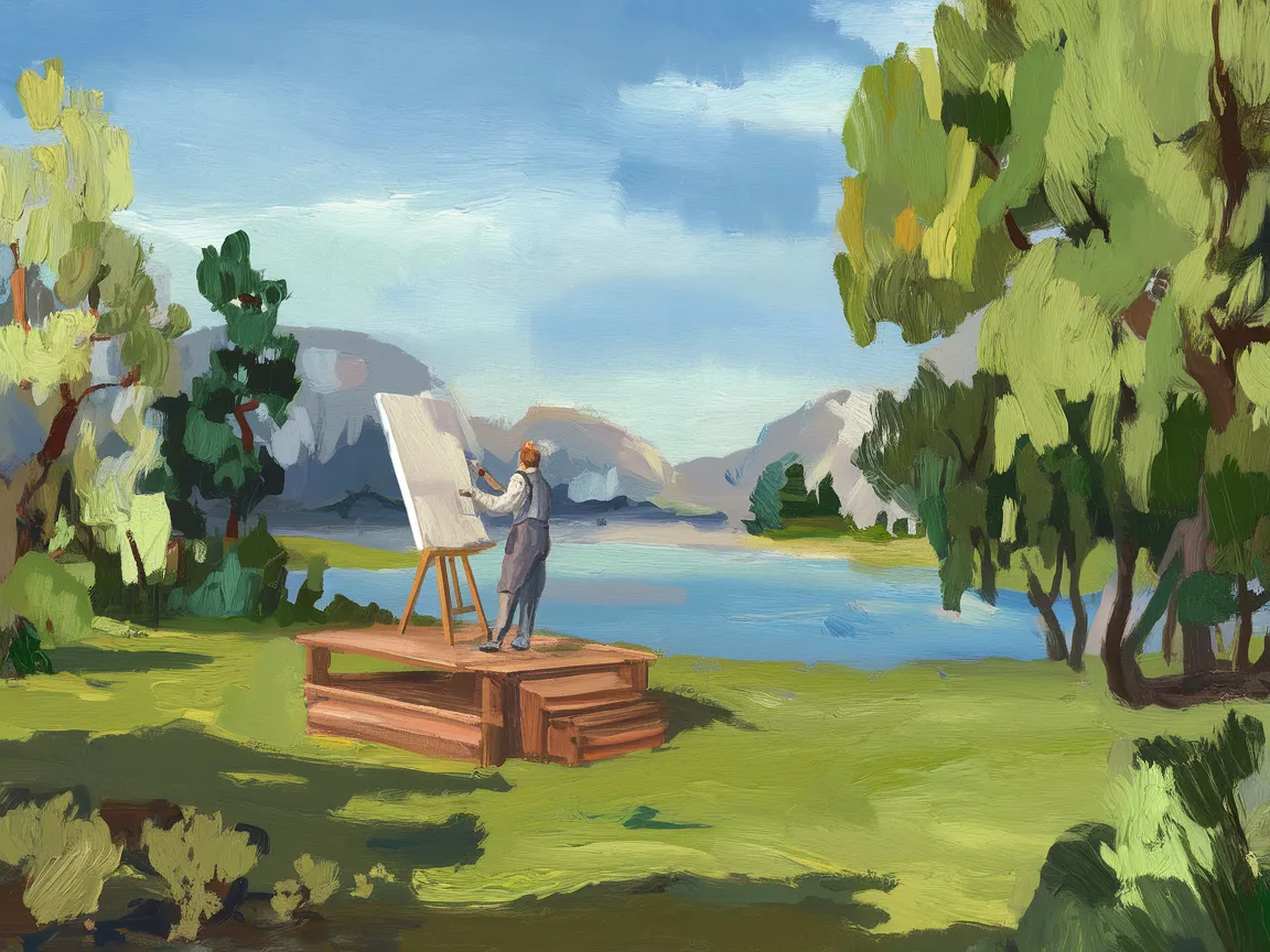 Artist painting outdoors in pleasant weather, illustrating the ideal temperature for outdoor painting.