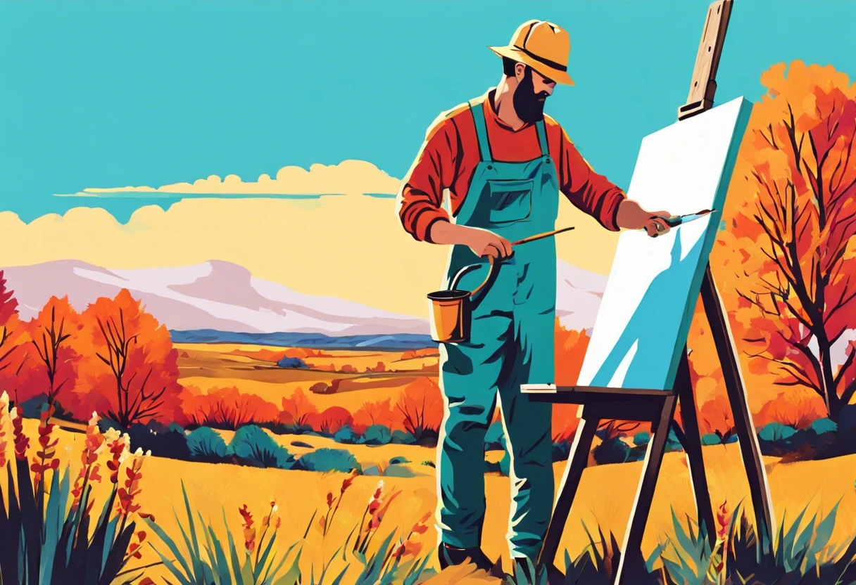 Artist painting outdoors in a vibrant landscape, illustrating the best temperature for painting outside