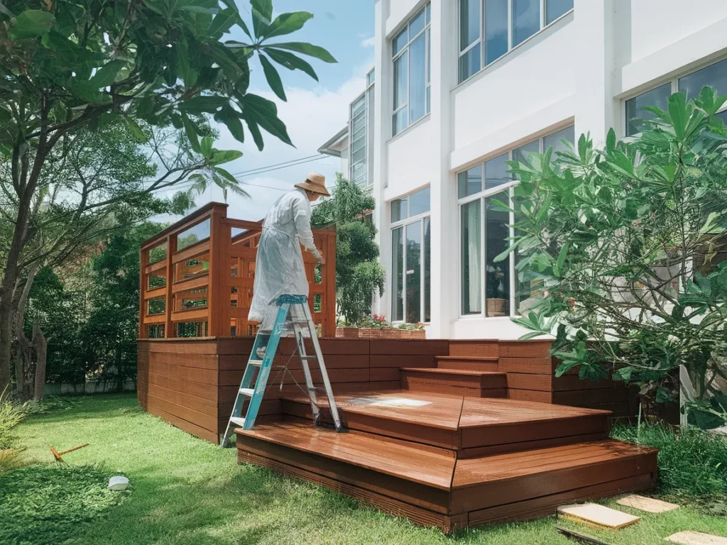 Person painting a wooden deck in a backyard, showcasing the process and care involved in deck maintenance.