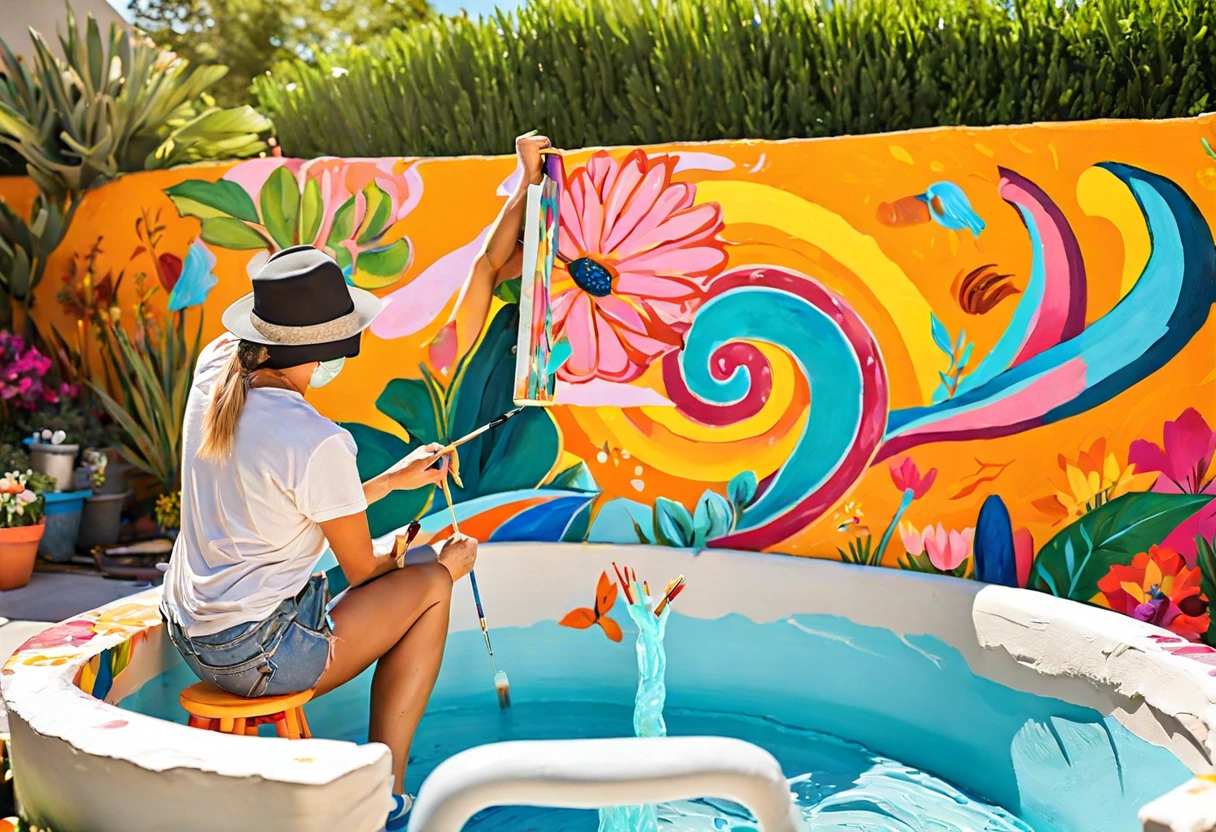 Woman painting a vibrant mural around a plaster pool, illustrating the process of pool renovation.