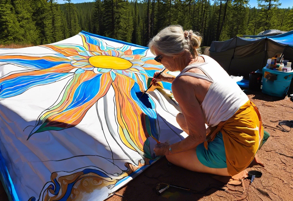 A woman painting a colorful design on a tarp in a forest setting, illustrating the process of painting a tarp.