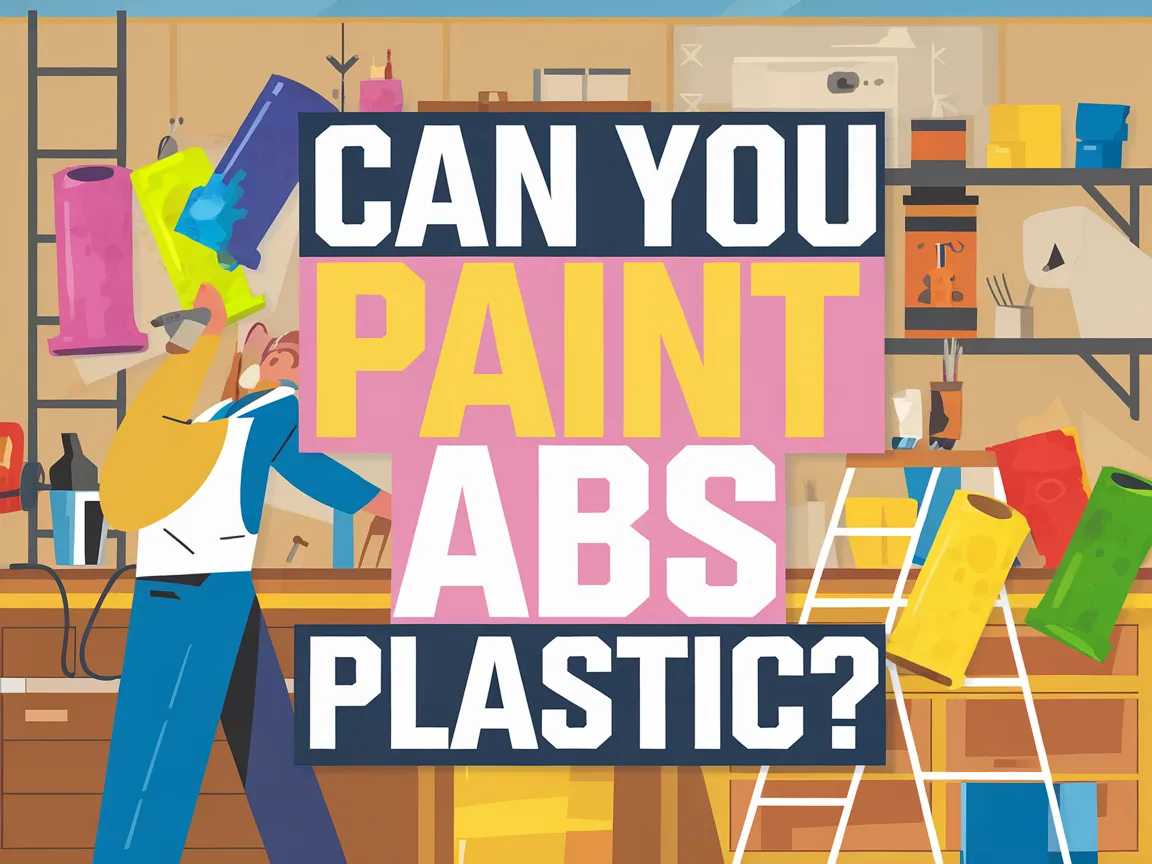 Illustration of a person in a workshop asking if you can paint abs plastic, surrounded by tools and colorful plastic items.