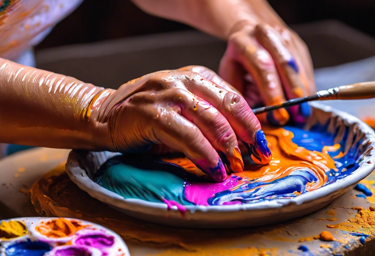 Hands mixing paint on a palette, demonstrating how to paint air dry clay before it is fully dry.