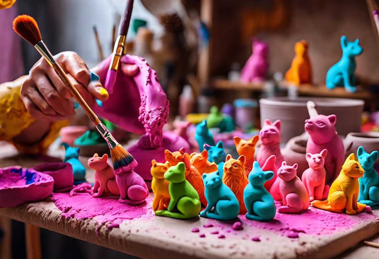 Colorful painted air dry clay figures being created on a workbench.