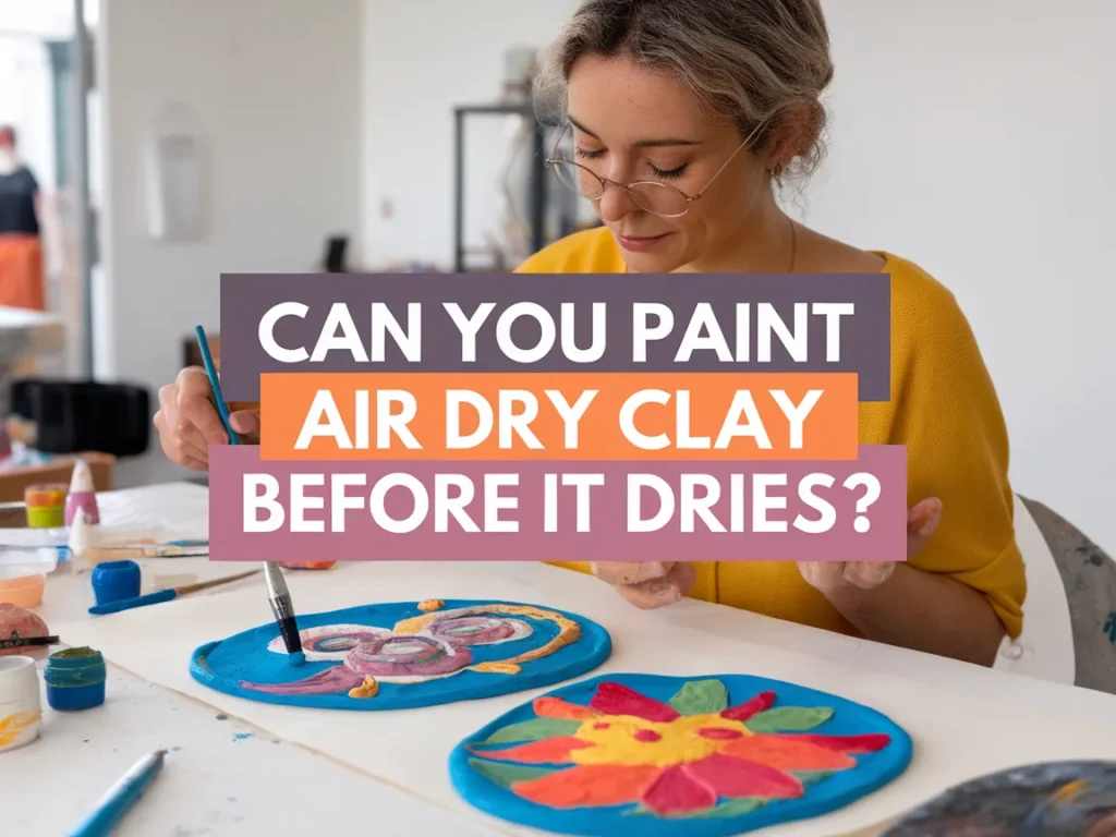 A woman painting air dry clay projects before they dry, exploring the effects of painting on wet clay.