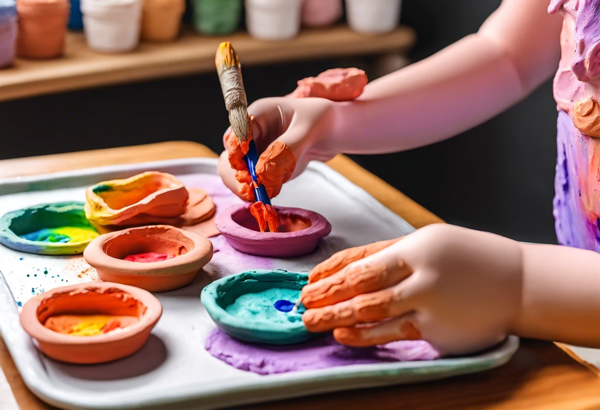 Child painting air dry clay before it dries with colorful paints.