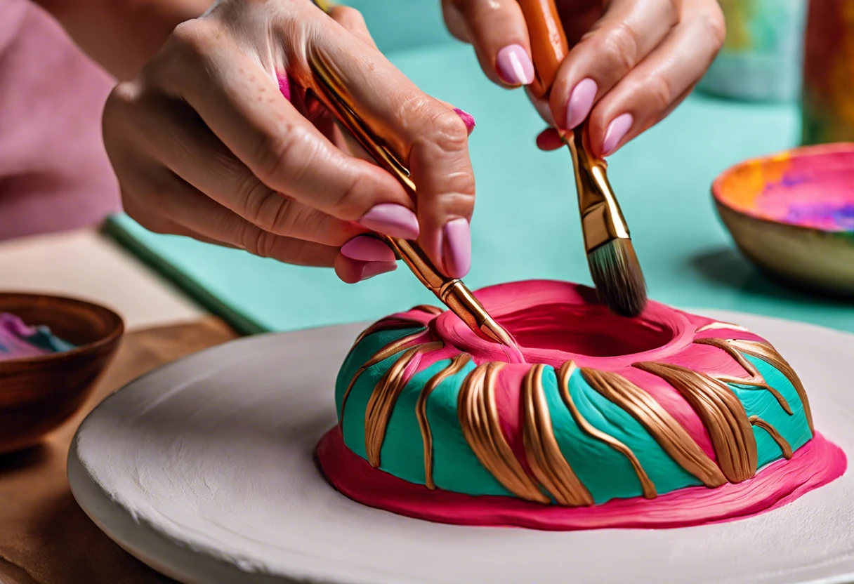 Hands painting colorful air dry clay with brushes, illustrating how to paint air dry clay.