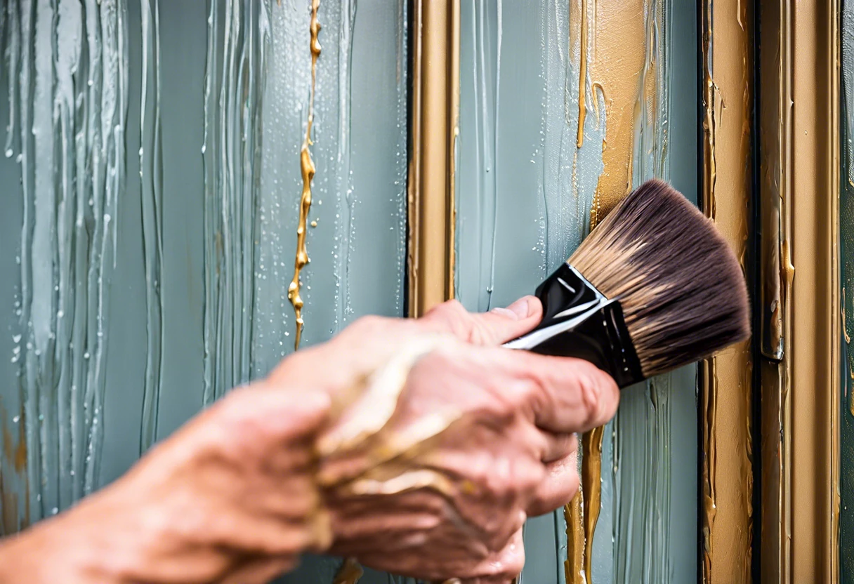 Close-up of a hand painting aluminum storm doors with a brush