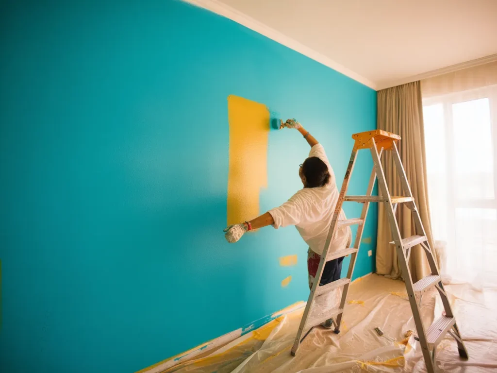 A person painting an apartment wall in vibrant colors, showcasing the process of apartment wall painting.