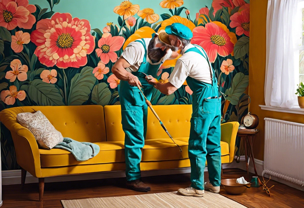 Professionals painting an apartment wall with floral design, showcasing wall painting ideas.