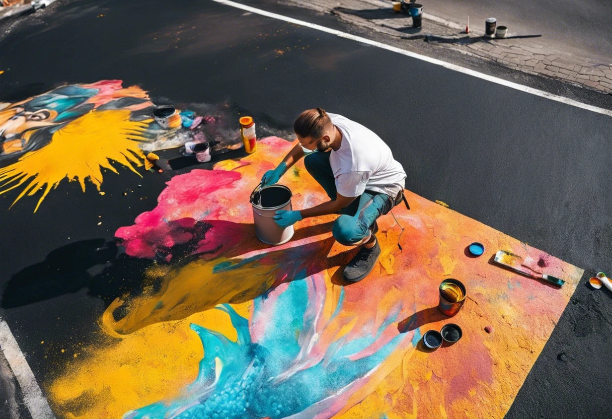 A person painting colorful artwork on asphalt, demonstrating the process of asphalt painting.