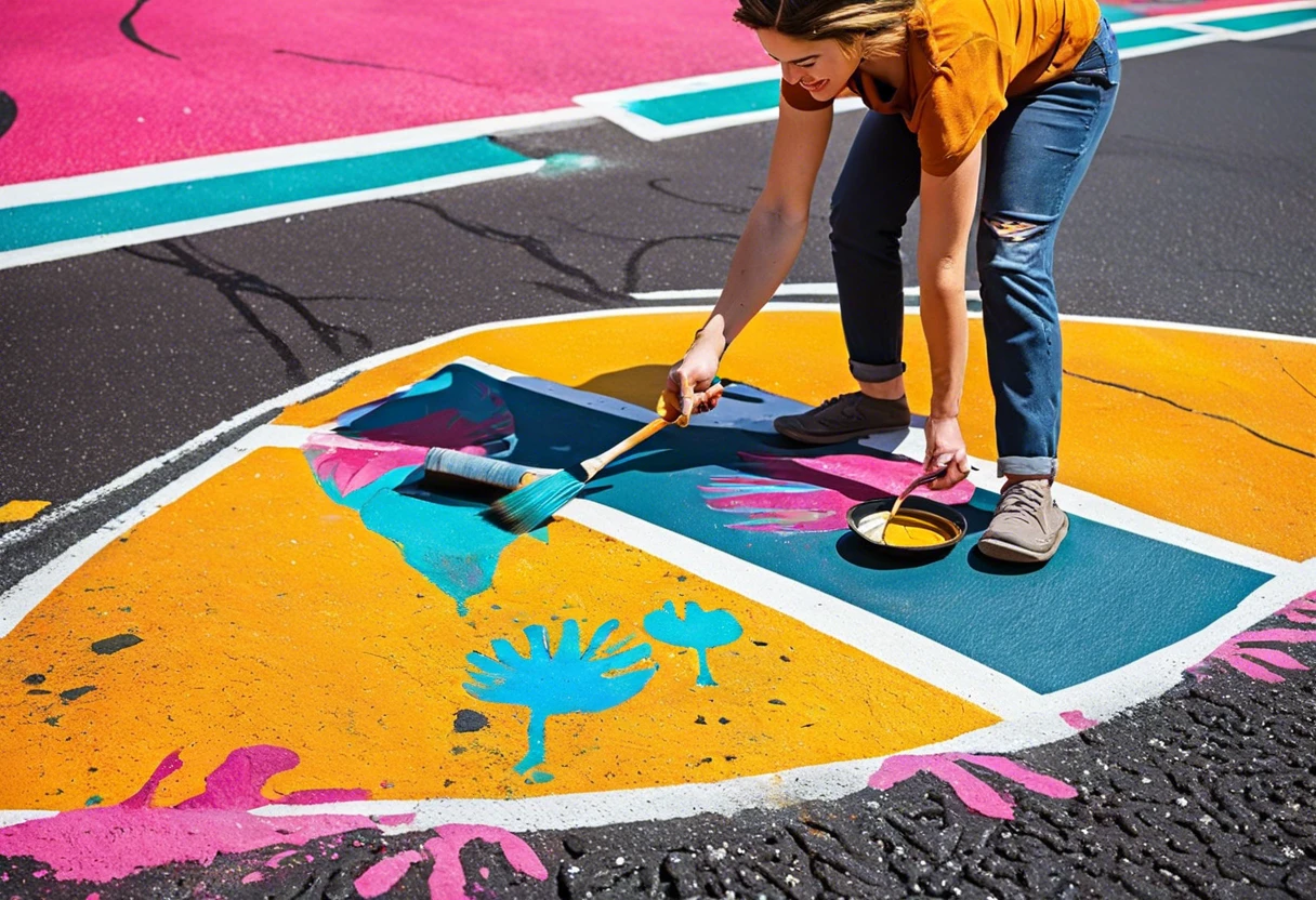 A woman painting colorful designs on asphalt surface with a roller brush.