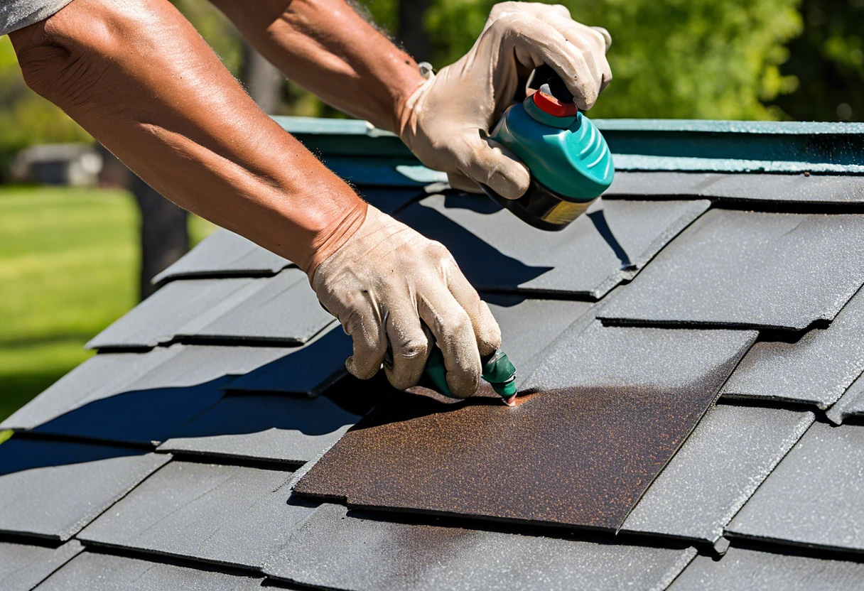 A person painting asphalt roof shingles with a spray can, demonstrating the process of applying paint to shingles.