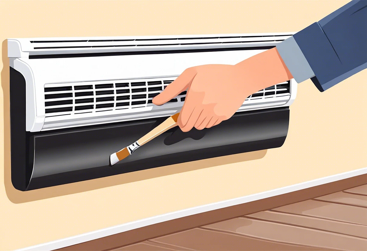 Person painting a baseboard heater with a brush, illustrating how to paint a baseboard heater.