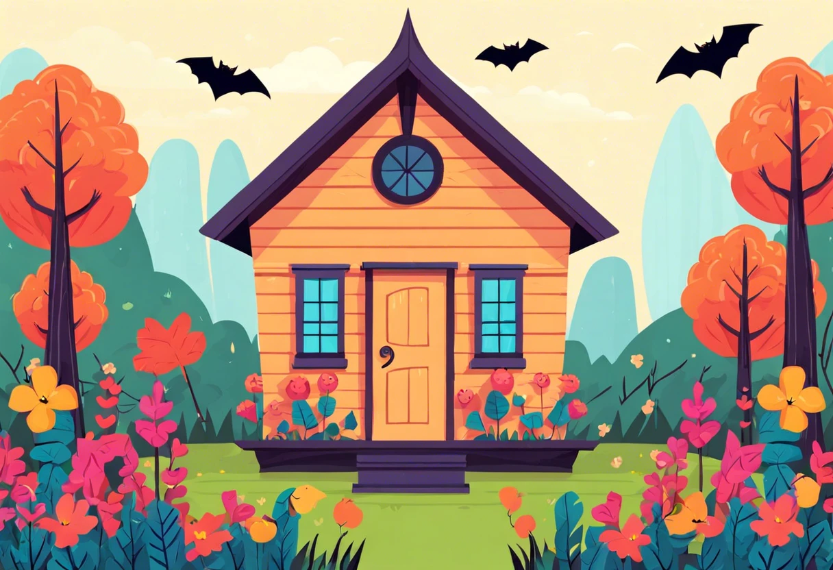 Illustration of a colorful bat house surrounded by trees and flowers, relevant to painting a bat house.