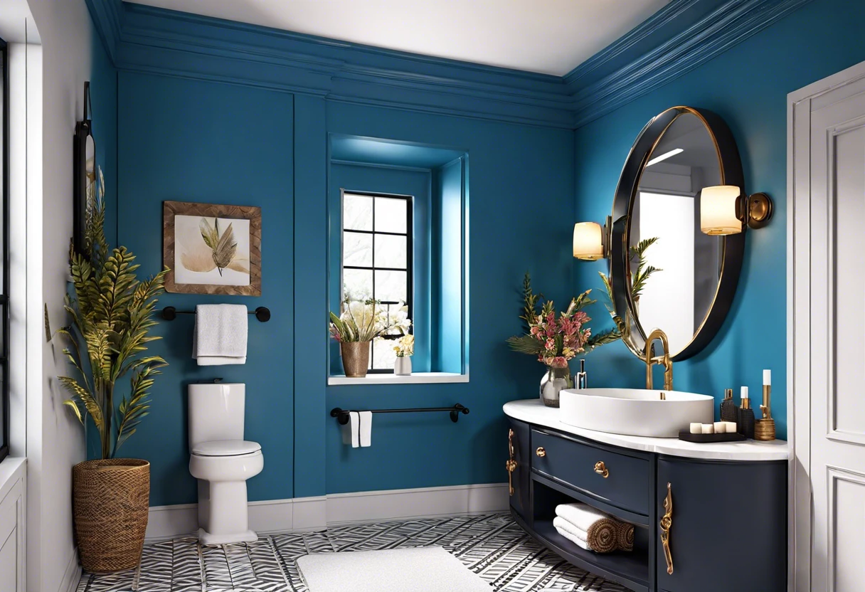 A beautifully designed bathroom featuring a painted sink, emphasizing how to effectively paint a bathroom sink.