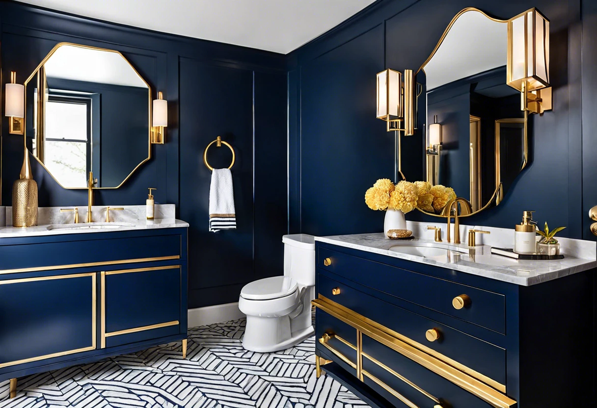 A beautiful bathroom featuring a painted navy blue vanity with gold accents.