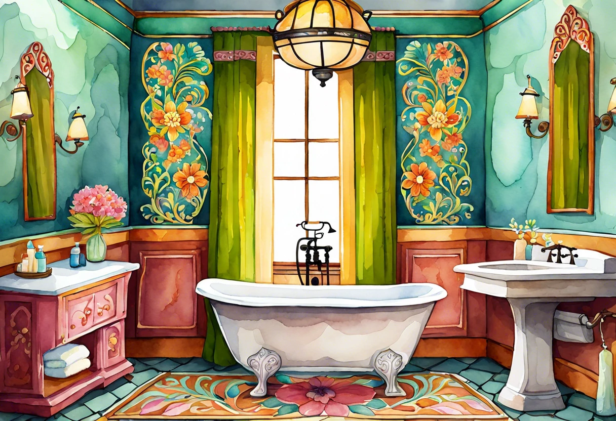 Colorful bathtub surround with floral designs, highlighting the concept of painting bathtub surrounds.