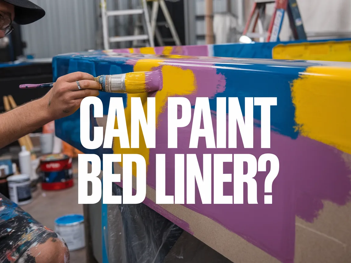 Person painting bed liner in vibrant colors, exploring the possibility of painting bed liners.