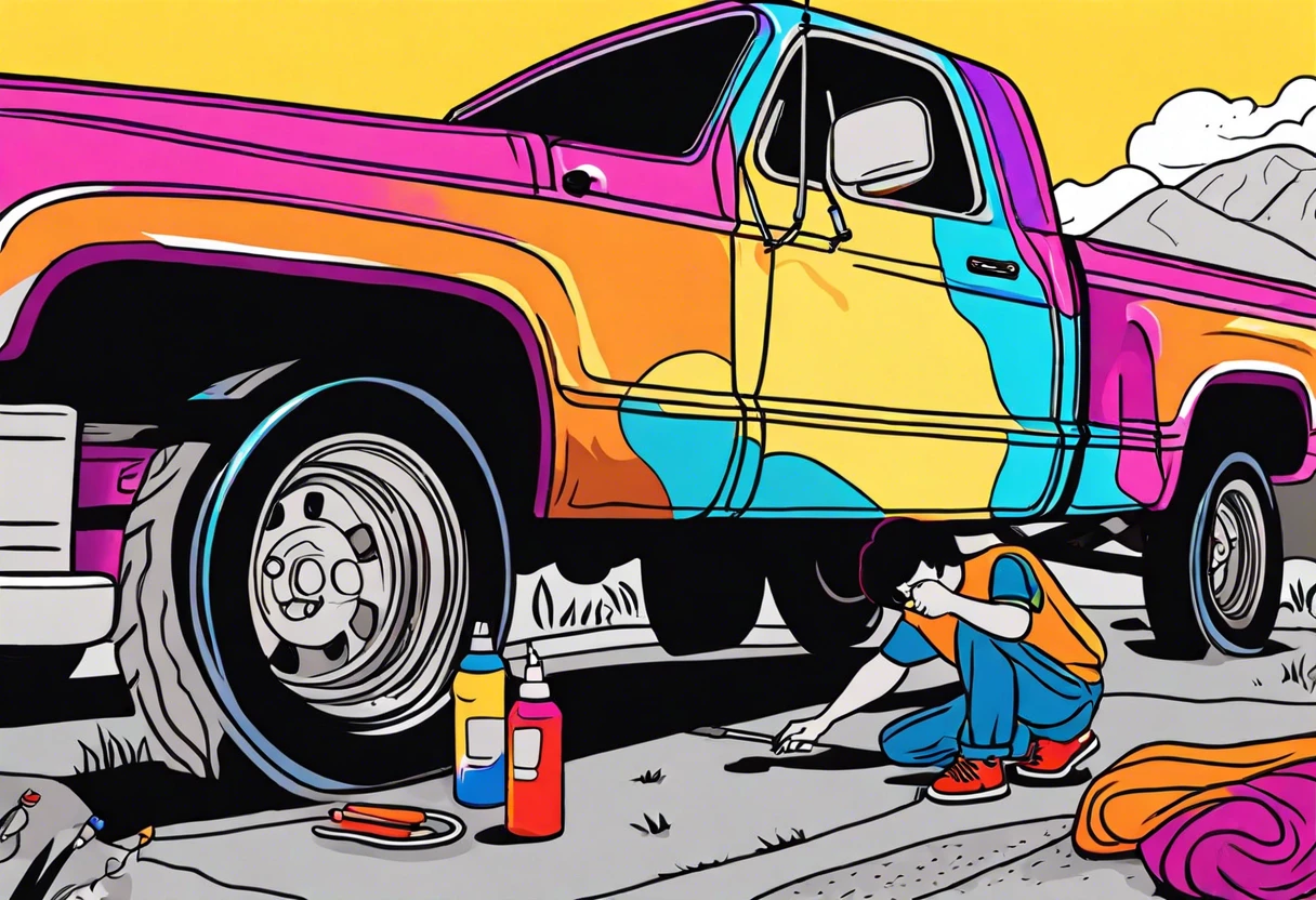 A person painting a colorful bed liner on a truck, demonstrating the process of applying bed liner paint.