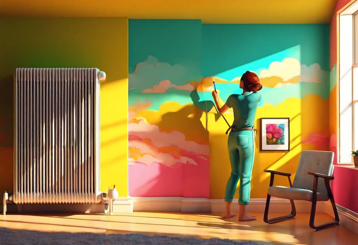 Person painting a colorful wall behind a radiator in a living room, demonstrating how to paint behind a radiator.