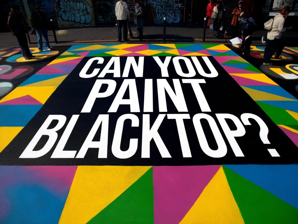 Colorful blacktop with the question 'Can You Paint Blacktop?' displayed prominently, illustrating the topic of painting blacktop surfaces.