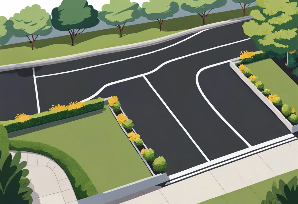 Aerial view of freshly painted blacktop with clear line markings and surrounding greenery