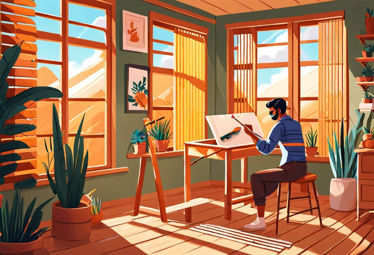 Person painting window blinds in a bright room with plants and large windows