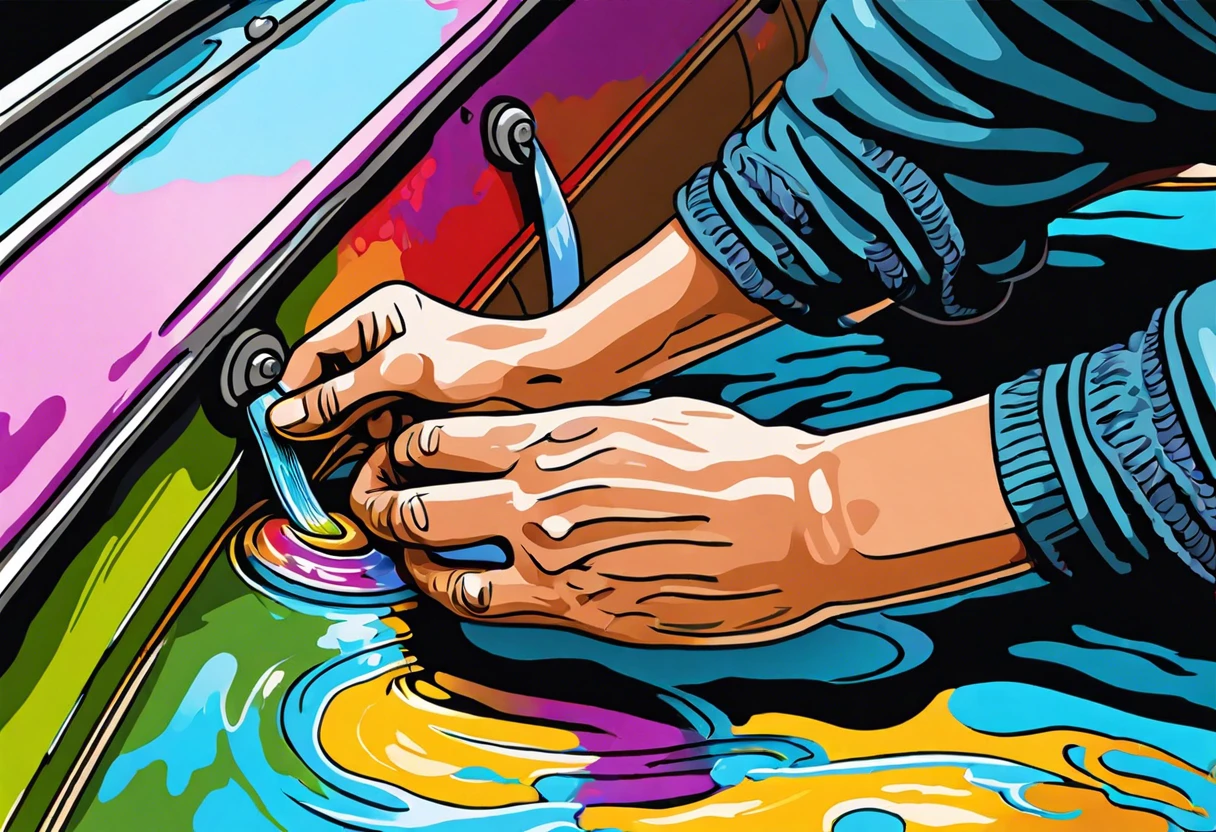 Person painting the bottom of a boat with colorful paint.