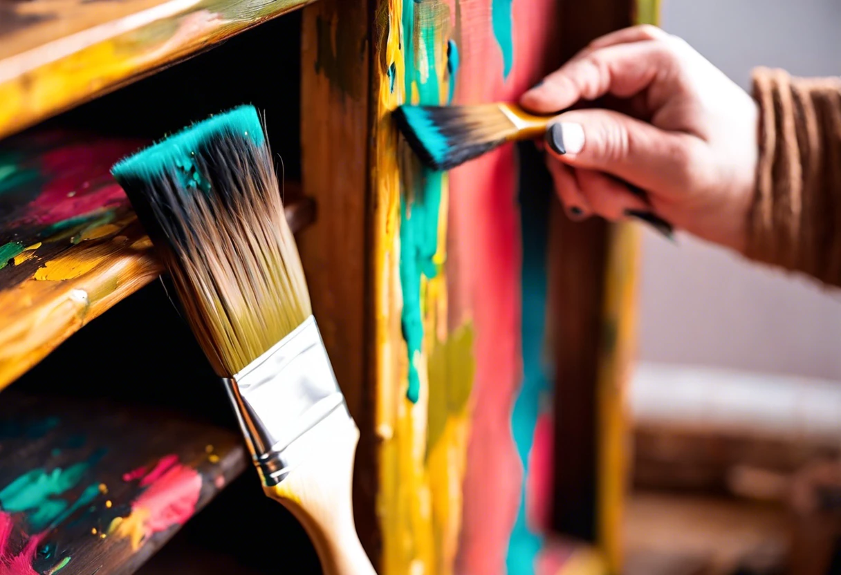 Close-up of a hand painting a bookcase using colorful paint brushes, showcasing the process of how to paint a bookcase.