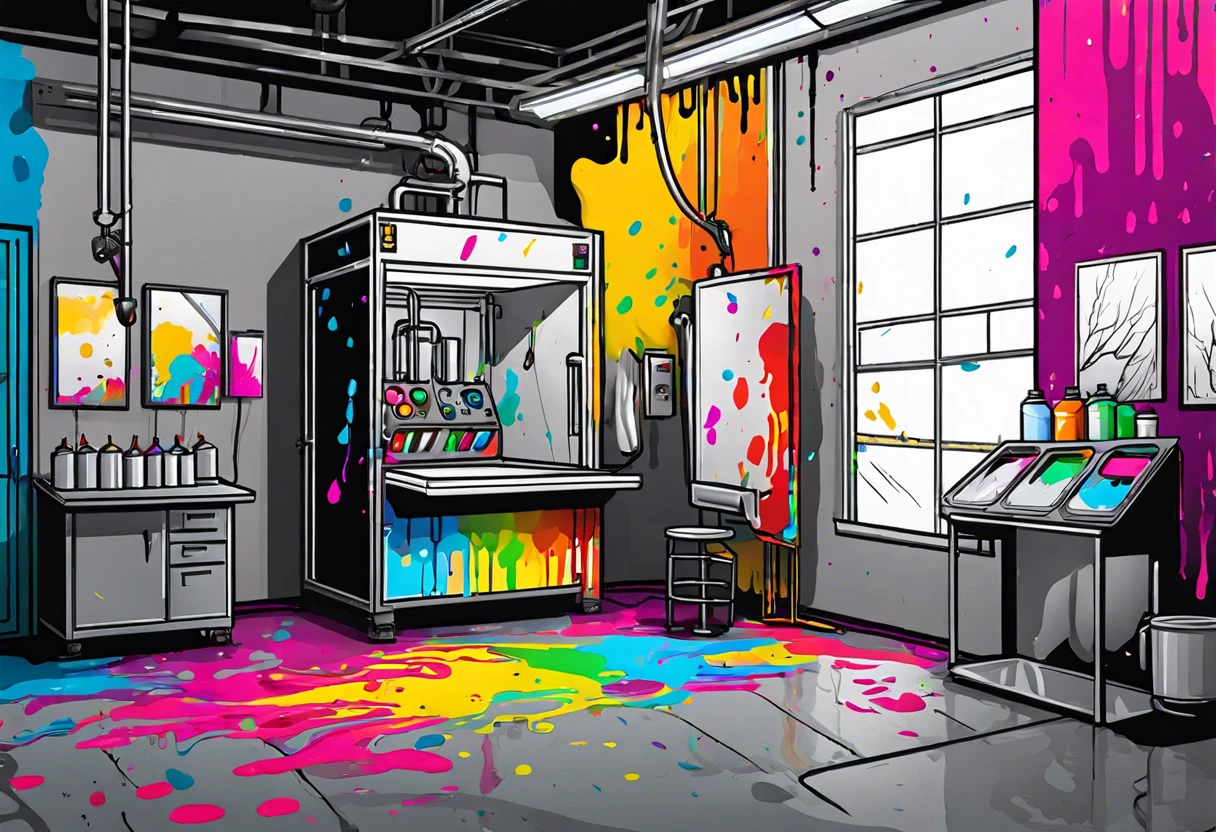 Modern paint booth interior showing colorful paint splatters, relevant for paint booth construction costs.