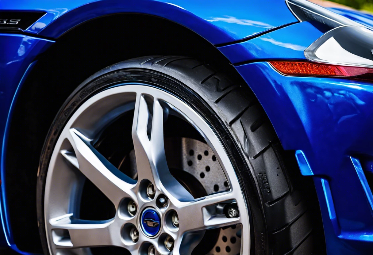 Close-up of a blue sports car wheel showcasing painted brake calipers.